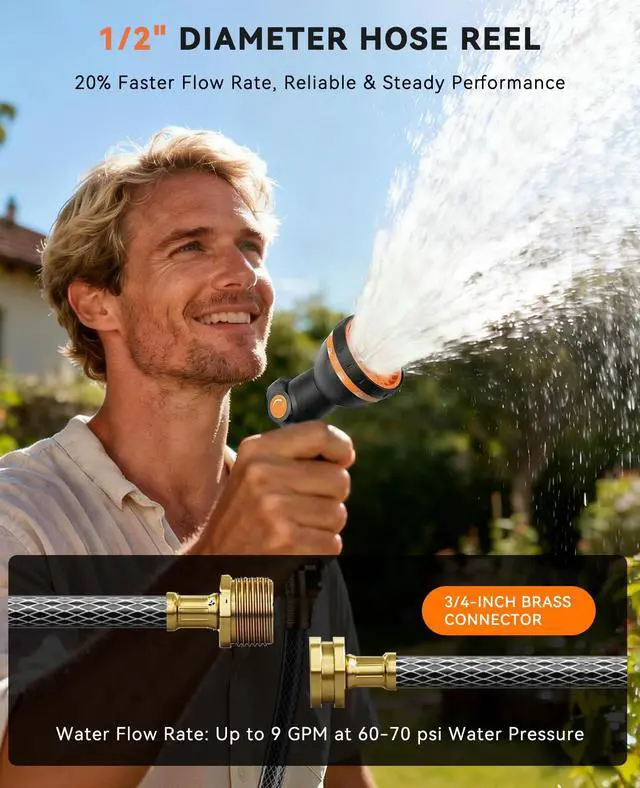 Alt view image 2 of 7 - Retractable Garden Hose Reel - 1/2 inch x 50ft Heavy Duty Wall Mounted Hose Reel with 3/4 inch Brass Fitting & 10 Sprayer Nozzle - Any Length Lock, Auto Rewind System, 180°Swivel Bracket- Grey