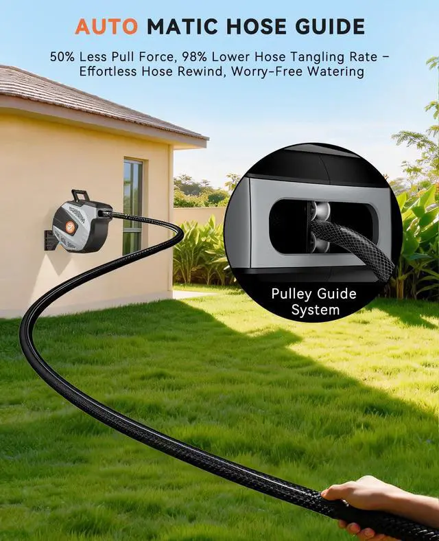 Alt view image 3 of 7 - Retractable Garden Hose Reel - 1/2 inch x 50ft Heavy Duty Wall Mounted Hose Reel with 3/4 inch Brass Fitting & 10 Sprayer Nozzle - Any Length Lock, Auto Rewind System, 180°Swivel Bracket- Grey