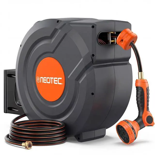 Main image of Upgraded Retractable Garden Hose Reel 5/8 inch x 100 ft Wall-Mounted 9 Pattern Nozzle Any Length Lock Automatic Slow Return 180° Swivel UV Resistant Heavy Duty Hose Reels for Outside