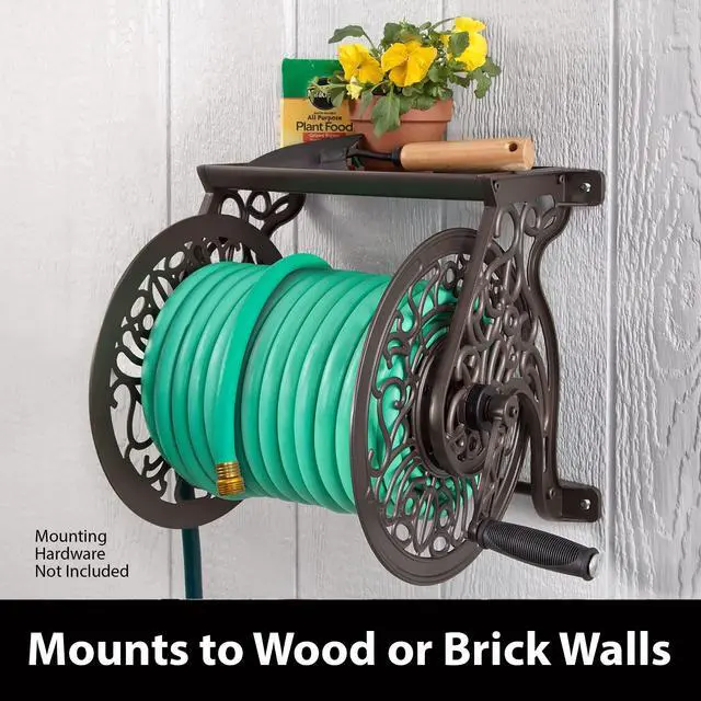Alt view image 3 of 7 - 704 Decorative Cast Aluminum Wall Mount Garden Hose Reel, Holds 125-Feet of 5/8-Inch Hose - Bronze