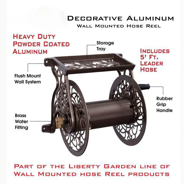 Alt view image 2 of 7 - 704 Decorative Cast Aluminum Wall Mount Garden Hose Reel, Holds 125-Feet of 5/8-Inch Hose - Bronze