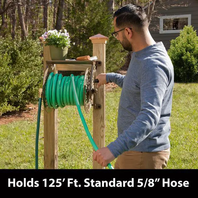Alt view image 4 of 7 - 704 Decorative Cast Aluminum Wall Mount Garden Hose Reel, Holds 125-Feet of 5/8-Inch Hose - Bronze