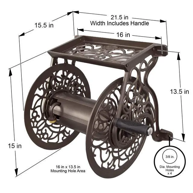 Alt view image 6 of 7 - 704 Decorative Cast Aluminum Wall Mount Garden Hose Reel, Holds 125-Feet of 5/8-Inch Hose - Bronze