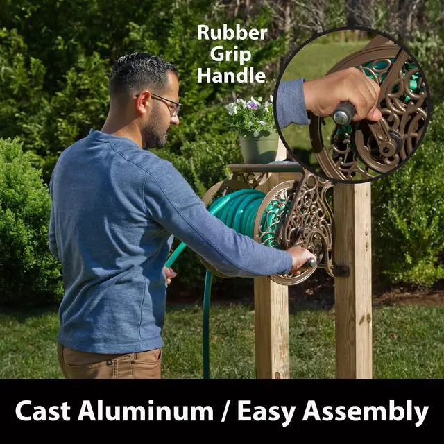 Alt view image 7 of 7 - 704 Decorative Cast Aluminum Wall Mount Garden Hose Reel, Holds 125-Feet of 5/8-Inch Hose - Bronze