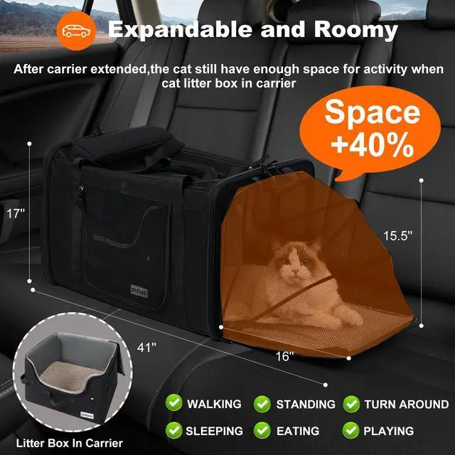 Alt view image 3 of 7 - 25x17x17 Extra Large Expandable car cat Carrier with a Litter Box | Travel Crate for 1 Large /2 Medium Cats up to 35 lbs,Leakproof Portable Long Road Trip cage with zipper lock,good Visibility