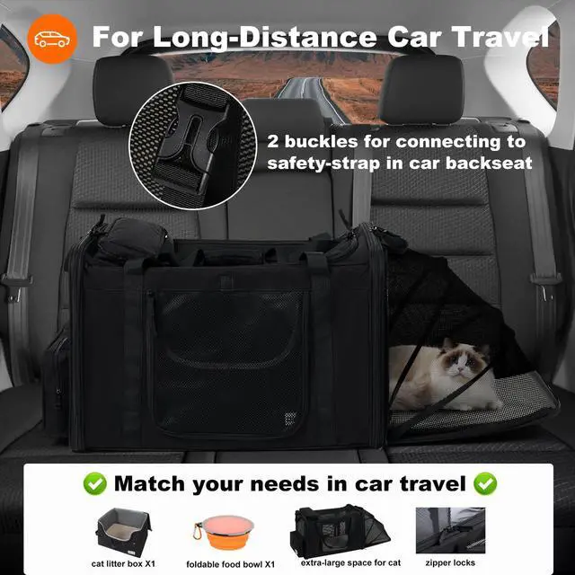 Alt view image 7 of 7 - 25x17x17 Extra Large Expandable car cat Carrier with a Litter Box | Travel Crate for 1 Large /2 Medium Cats up to 35 lbs,Leakproof Portable Long Road Trip cage with zipper lock,good Visibility