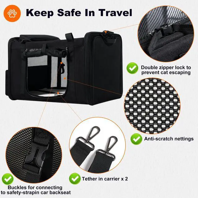 Alt view image 6 of 7 - 25x17x17 Extra Large Expandable car cat Carrier with a Litter Box | Travel Crate for 1 Large /2 Medium Cats up to 35 lbs,Leakproof Portable Long Road Trip cage with zipper lock,good Visibility