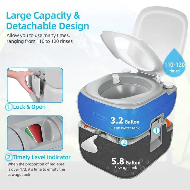 Alt view image 2 of 7 - Portable Toilet Camping Porta Potty 5.8 Gallon with Carry Bag | Leak-Proof Indoor Outdoor Toilet with Level Indicator, Handle Pump, for RV Travel, Boat and Trips