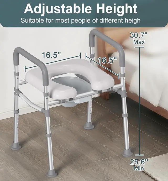 Alt view image 4 of 7 - Toilet Seat Riser with Handles for Seniors, Removable Bedpan, 500lb | Aluminum Reinforced Crossbar, Padded Seat, Handicap Elevated Rised Toilet Seat for Elderly, Bedside Commode, Fit Any Toilet