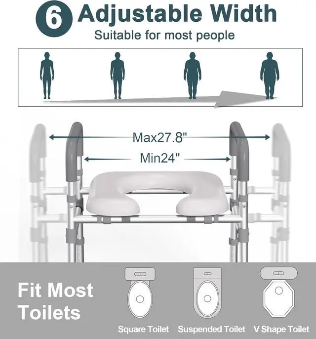 Alt view image 5 of 7 - Toilet Seat Riser with Handles for Seniors, Removable Bedpan, 500lb | Aluminum Reinforced Crossbar, Padded Seat, Handicap Elevated Rised Toilet Seat for Elderly, Bedside Commode, Fit Any Toilet