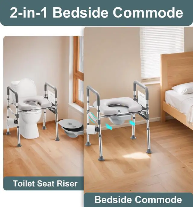 Alt view image 2 of 7 - Toilet Seat Riser with Handles for Seniors, Removable Bedpan, 500lb | Aluminum Reinforced Crossbar, Padded Seat, Handicap Elevated Rised Toilet Seat for Elderly, Bedside Commode, Fit Any Toilet