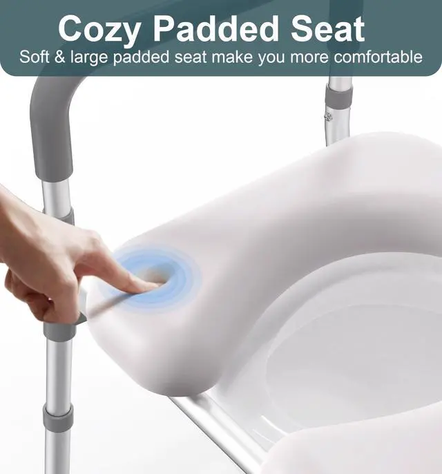 Alt view image 7 of 7 - Toilet Seat Riser with Handles for Seniors, Removable Bedpan, 500lb | Aluminum Reinforced Crossbar, Padded Seat, Handicap Elevated Rised Toilet Seat for Elderly, Bedside Commode, Fit Any Toilet