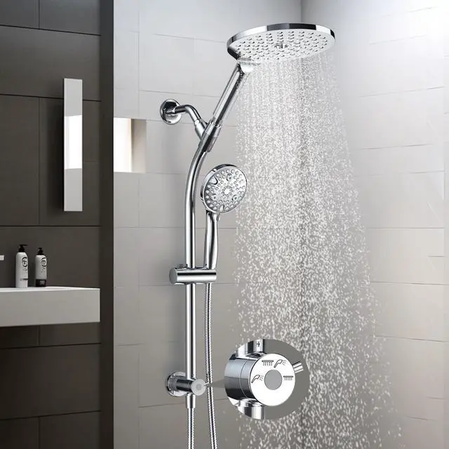 Main image of 7.5" Rotatable Dual Shower Head with Handheld Combo, Kids Friendly Low 3-Way Diverter, Adjustable Slide Bar for Whole Family Use, Enjoy High Pressure Rainfall Spa Shower, Polished Chrome Finish