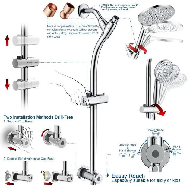 Alt view image 2 of 7 - 7.5" Rotatable Dual Shower Head with Handheld Combo, Kids Friendly Low 3-Way Diverter, Adjustable Slide Bar for Whole Family Use, Enjoy High Pressure Rainfall Spa Shower, Polished Chrome Finish