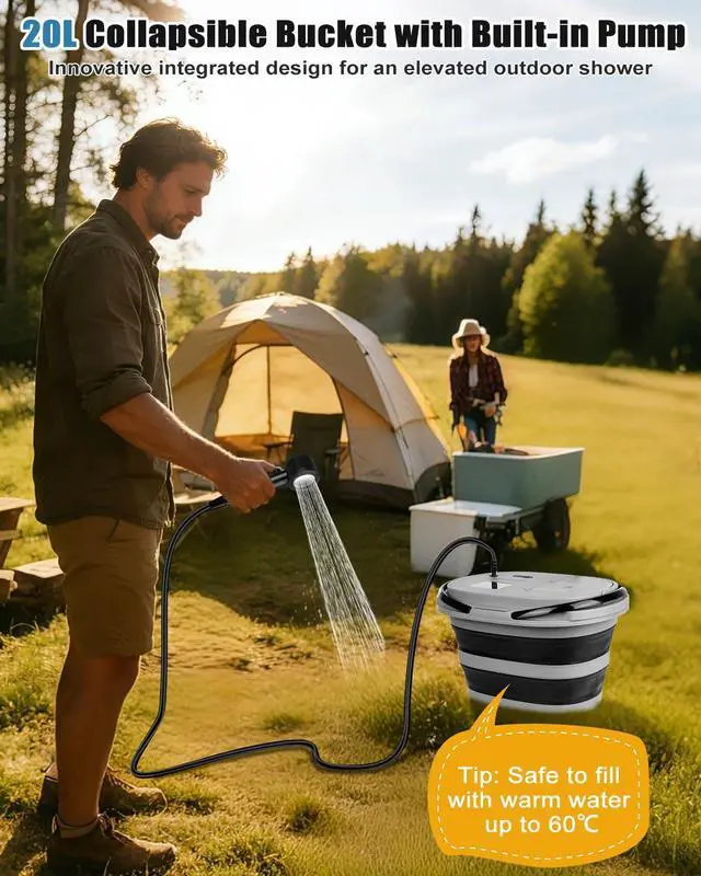 Alt view image 6 of 7 - Portable Integrated Camping Shower with 20L Bucket,13000mAh Battery Powered Shower | High-Pressure Flow Camping Shower with LED Display, Fruit Wash Mode, IPX8 Waterproof & 5-Speed,Portable for Travel