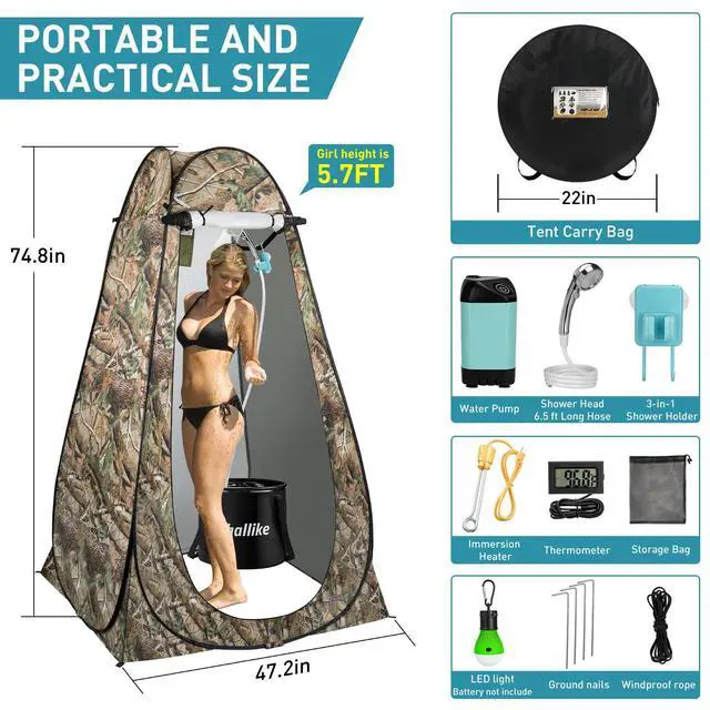 Alt view image 5 of 7 - Portable Hot Shower for Camping Shower Tent Kit, 1000W Immersion Heater, Rechargeable Camping Shower Pump, Pop Up Shower Tent with 6.6 Gallons Folding Bucket for Adults Outdoor
