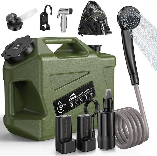 Main image of Portable Camping Shower with 5-Gal Water Jug Powerful Spray | Electric Rechargeable Camping Shower, Food Grade Water Containers, Outdoor Camp Pump for Hiking Beach, Travel, Pet Bath