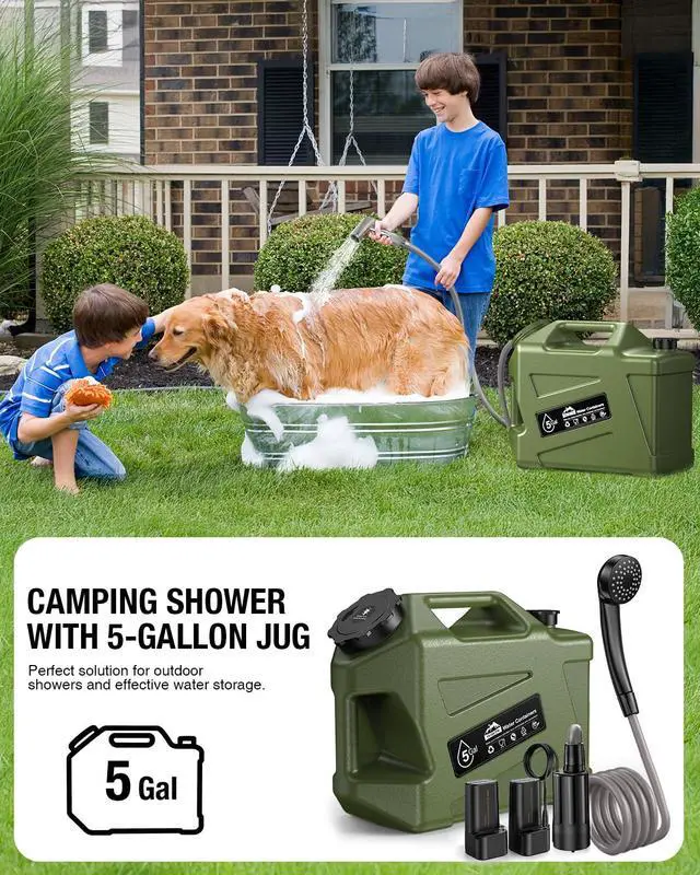 Alt view image 2 of 6 - Portable Camping Shower with 5-Gal Water Jug Powerful Spray | Electric Rechargeable Camping Shower, Food Grade Water Containers, Outdoor Camp Pump for Hiking Beach, Travel, Pet Bath