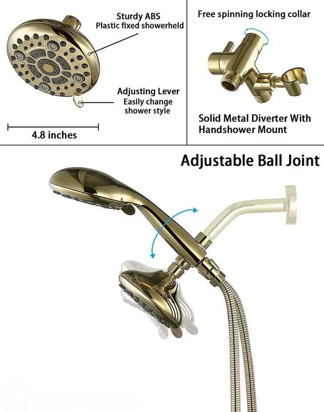 Alt view image 3 of 7 - 6×6 Spray Modes Dual Shower Head with Handheld(Polished Gold) | High Pressure, 6×6 Spray Modes, Polished Gold Finish, All Installation Tools Included