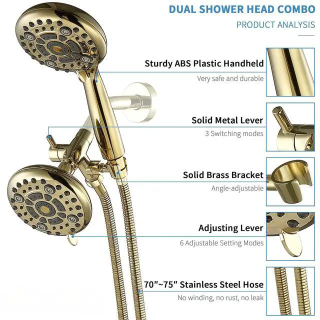 Alt view image 2 of 7 - 6×6 Spray Modes Dual Shower Head with Handheld(Polished Gold) | High Pressure, 6×6 Spray Modes, Polished Gold Finish, All Installation Tools Included