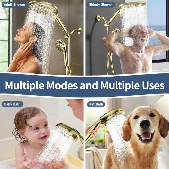 Alt view image 2 of 7 - High Pressure Dual Shower Head with Handheld Spray Combo | 9 Spray Modes Handheld Showerhead, Double Rainfall Structure, Waterfall Shower Equipped with 79-Inch Hose, Brushed Gold