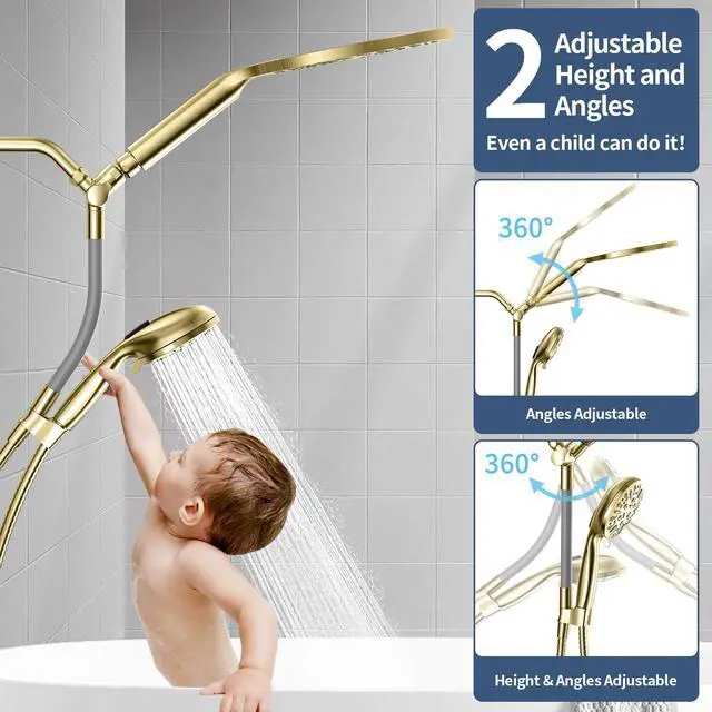 Alt view image 3 of 7 - High Pressure Dual Shower Head with Handheld Spray Combo | 9 Spray Modes Handheld Showerhead, Double Rainfall Structure, Waterfall Shower Equipped with 79-Inch Hose, Brushed Gold