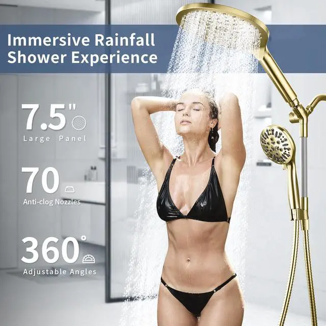 Alt view image 4 of 7 - High Pressure Dual Shower Head with Handheld Spray Combo | 9 Spray Modes Handheld Showerhead, Double Rainfall Structure, Waterfall Shower Equipped with 79-Inch Hose, Brushed Gold