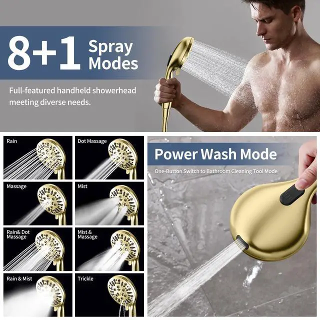 Alt view image 5 of 7 - High Pressure Dual Shower Head with Handheld Spray Combo | 9 Spray Modes Handheld Showerhead, Double Rainfall Structure, Waterfall Shower Equipped with 79-Inch Hose, Brushed Gold