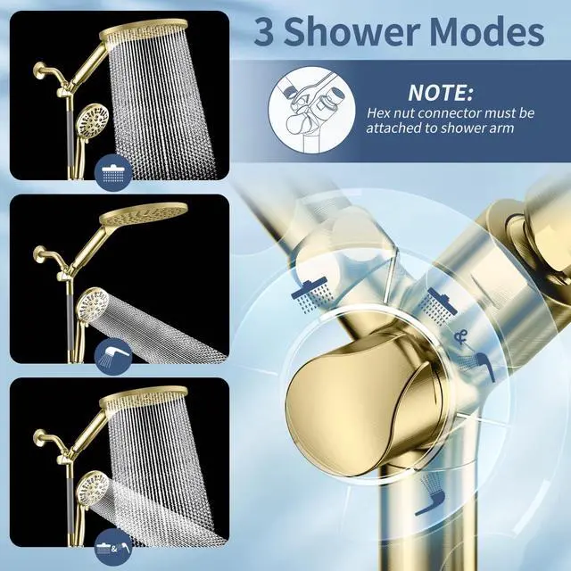 Alt view image 6 of 7 - High Pressure Dual Shower Head with Handheld Spray Combo | 9 Spray Modes Handheld Showerhead, Double Rainfall Structure, Waterfall Shower Equipped with 79-Inch Hose, Brushed Gold