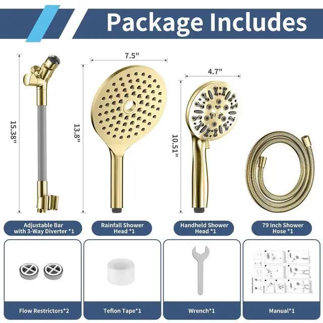 Alt view image 7 of 7 - High Pressure Dual Shower Head with Handheld Spray Combo | 9 Spray Modes Handheld Showerhead, Double Rainfall Structure, Waterfall Shower Equipped with 79-Inch Hose, Brushed Gold