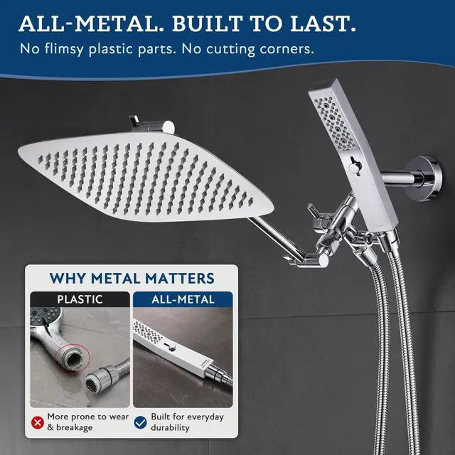 Alt view image 3 of 7 - All Metal 12" Rain Shower Head with Handheld for Bathroom Upgrade | All Metal, Built to Last, Easy Install, Adjustable Height & Angle for All Heights, Extra Long Hose, Modern Upgrade