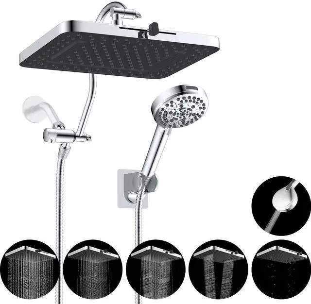 Main image of 13'' 5-spray Rain Shower Head with 10-Spray Handheld, Chrome | High Pressure Dual Showerhead Combo, Upgraded Rainfall Shower Head, 12'' Extension Arm, 71'' Hose & Holder