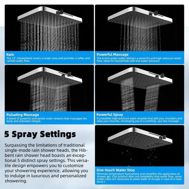 Alt view image 2 of 7 - 13'' 5-spray Rain Shower Head with 10-Spray Handheld, Chrome | High Pressure Dual Showerhead Combo, Upgraded Rainfall Shower Head, 12'' Extension Arm, 71'' Hose & Holder