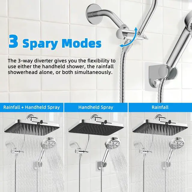 Alt view image 6 of 7 - 13'' 5-spray Rain Shower Head with 10-Spray Handheld, Chrome | High Pressure Dual Showerhead Combo, Upgraded Rainfall Shower Head, 12'' Extension Arm, 71'' Hose & Holder