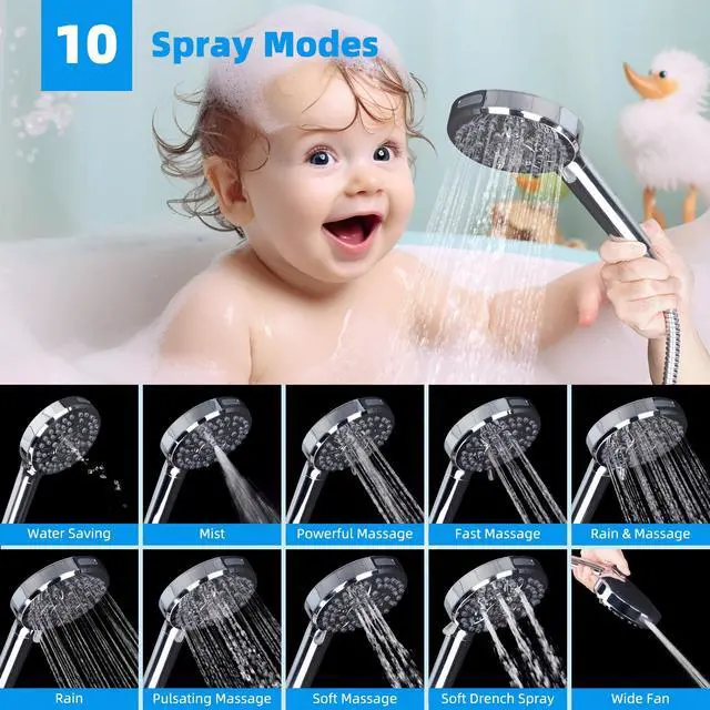 Alt view image 5 of 7 - 13'' 5-spray Rain Shower Head with 10-Spray Handheld, Chrome | High Pressure Dual Showerhead Combo, Upgraded Rainfall Shower Head, 12'' Extension Arm, 71'' Hose & Holder