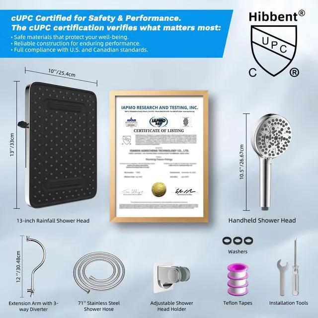 Alt view image 7 of 7 - 13'' 5-spray Rain Shower Head with 10-Spray Handheld, Chrome | High Pressure Dual Showerhead Combo, Upgraded Rainfall Shower Head, 12'' Extension Arm, 71'' Hose & Holder