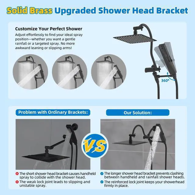 Alt view image 2 of 7 - All Metal cUPC Certified Shower Head, 10'' High Pressure Rainfall Showerhead Combo, Handheld Shower Wand, 12'' Adjustable Extension Arm, 4-Spray, 71'' Hose, Brass Shower Holder, Matte Black