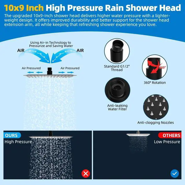 Alt view image 4 of 7 - All Metal cUPC Certified Shower Head, 10'' High Pressure Rainfall Showerhead Combo, Handheld Shower Wand, 12'' Adjustable Extension Arm, 4-Spray, 71'' Hose, Brass Shower Holder, Matte Black