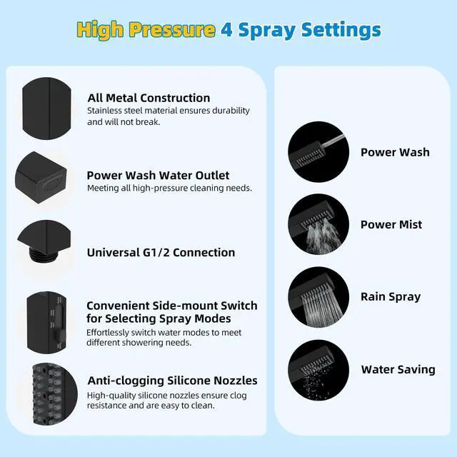 Alt view image 5 of 7 - All Metal cUPC Certified Shower Head, 10'' High Pressure Rainfall Showerhead Combo, Handheld Shower Wand, 12'' Adjustable Extension Arm, 4-Spray, 71'' Hose, Brass Shower Holder, Matte Black