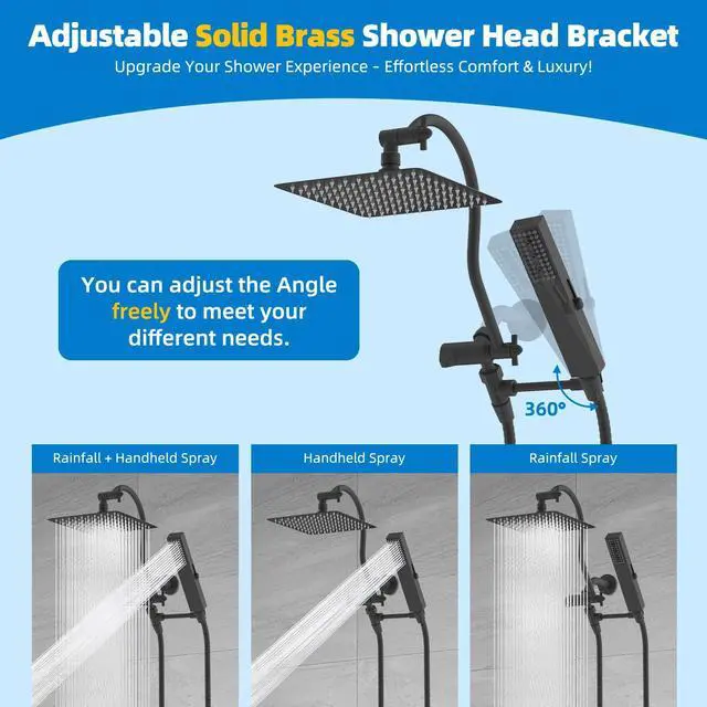 Alt view image 6 of 7 - All Metal cUPC Certified Shower Head, 10'' High Pressure Rainfall Showerhead Combo, Handheld Shower Wand, 12'' Adjustable Extension Arm, 4-Spray, 71'' Hose, Brass Shower Holder, Matte Black