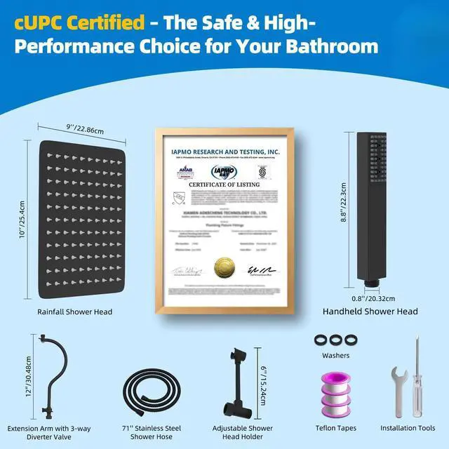 Alt view image 7 of 7 - All Metal cUPC Certified Shower Head, 10'' High Pressure Rainfall Showerhead Combo, Handheld Shower Wand, 12'' Adjustable Extension Arm, 4-Spray, 71'' Hose, Brass Shower Holder, Matte Black