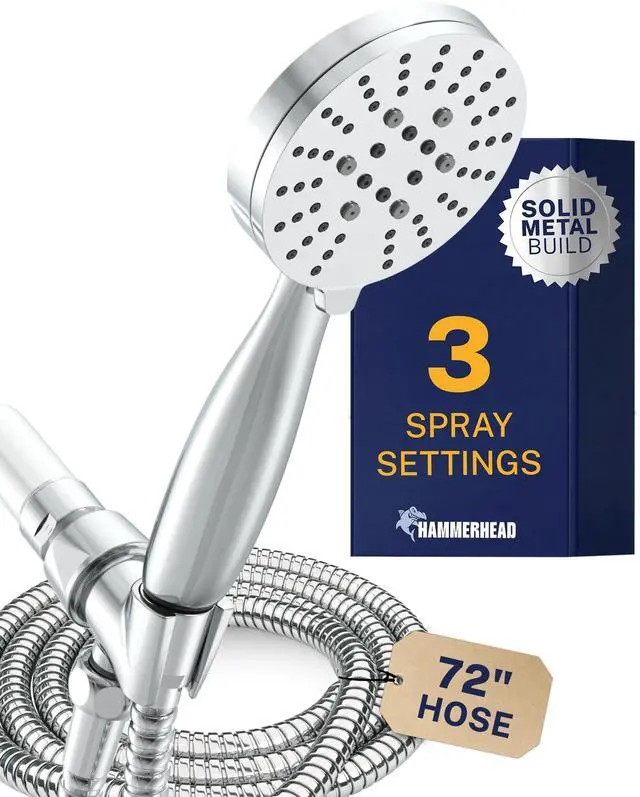 Main image of Solid Metal 3-Spray Handheld Shower Head with Long Hose and Holder - CHROME - 2.5 GPM High Pressure Shower Head with Handheld Sprayer - WIDE, MASSAGE, and MIST Sprays