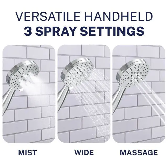 Alt view image 4 of 7 - Solid Metal 3-Spray Handheld Shower Head with Long Hose and Holder - CHROME - 2.5 GPM High Pressure Shower Head with Handheld Sprayer - WIDE, MASSAGE, and MIST Sprays