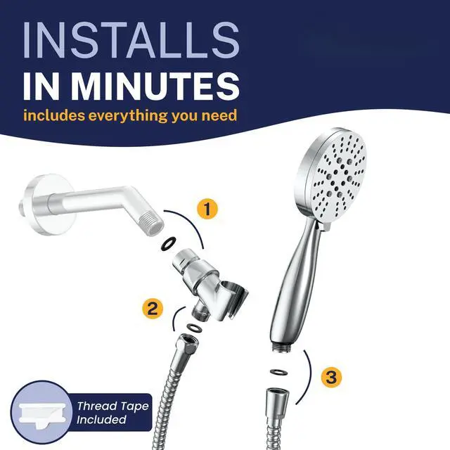 Alt view image 7 of 7 - Solid Metal 3-Spray Handheld Shower Head with Long Hose and Holder - CHROME - 2.5 GPM High Pressure Shower Head with Handheld Sprayer - WIDE, MASSAGE, and MIST Sprays