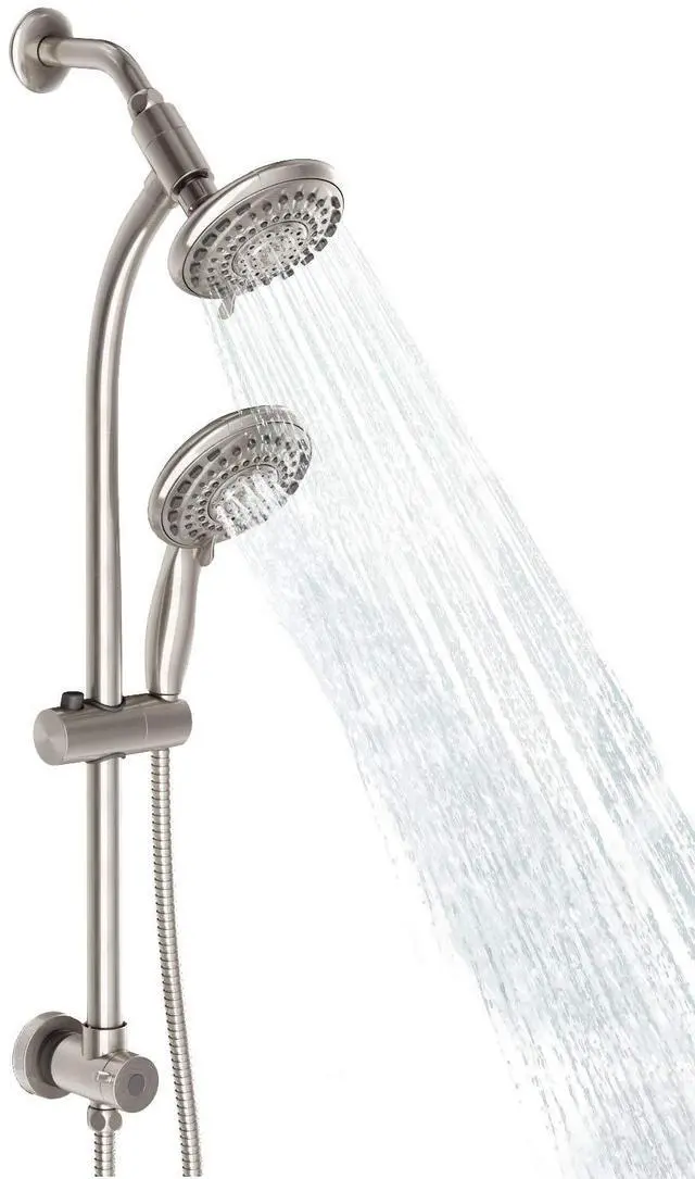 Main image of Handheld Showerhead & Rain Shower Combo for Easy Reach, 27.5" Drill-free Stainless Steel Slide Bar, 5of 5-setting Handheld Shower and Showerhead, with 5ft Hose -Brush Nickel