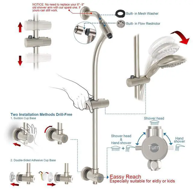 Alt view image 2 of 6 - Handheld Showerhead & Rain Shower Combo for Easy Reach, 27.5" Drill-free Stainless Steel Slide Bar, 5of 5-setting Handheld Shower and Showerhead, with 5ft Hose -Brush Nickel
