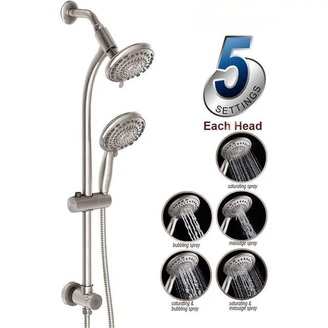 Alt view image 4 of 6 - Handheld Showerhead & Rain Shower Combo for Easy Reach, 27.5" Drill-free Stainless Steel Slide Bar, 5of 5-setting Handheld Shower and Showerhead, with 5ft Hose -Brush Nickel