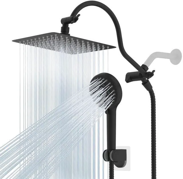 Main image of All Metal High Pressure Rainfall 10'' Shower Head, CUPC Certified Handheld Showerhead Combo, 12'' Adjustable Shower Extension Arm, 10-Spray, 71'' Hose, Adhesive Showerhead Holder, Matte Black