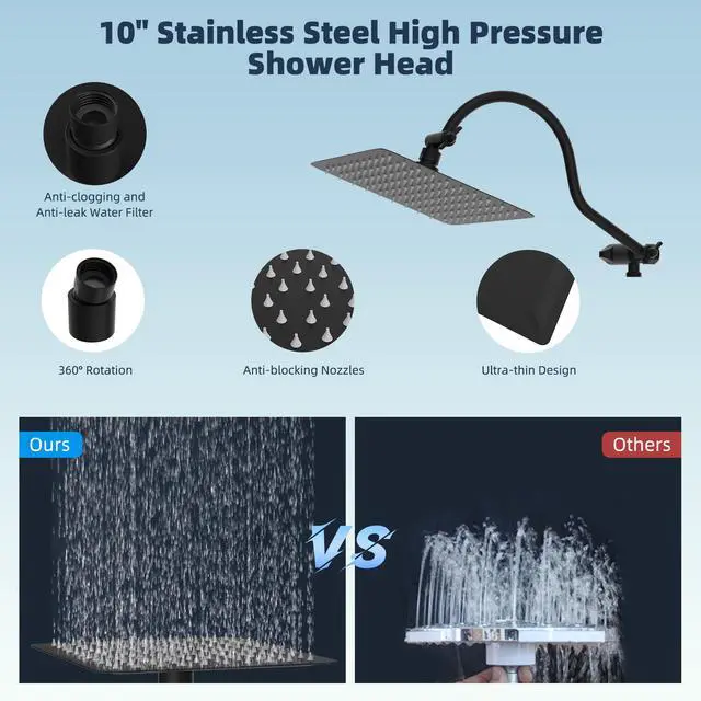 Alt view image 4 of 7 - All Metal High Pressure Rainfall 10'' Shower Head, CUPC Certified Handheld Showerhead Combo, 12'' Adjustable Shower Extension Arm, 10-Spray, 71'' Hose, Adhesive Showerhead Holder, Matte Black