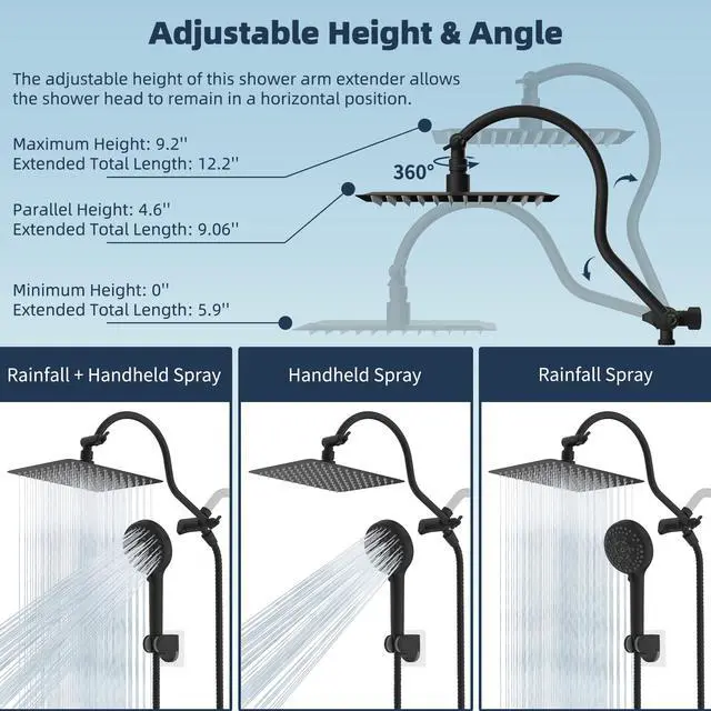 Alt view image 6 of 7 - All Metal High Pressure Rainfall 10'' Shower Head, CUPC Certified Handheld Showerhead Combo, 12'' Adjustable Shower Extension Arm, 10-Spray, 71'' Hose, Adhesive Showerhead Holder, Matte Black